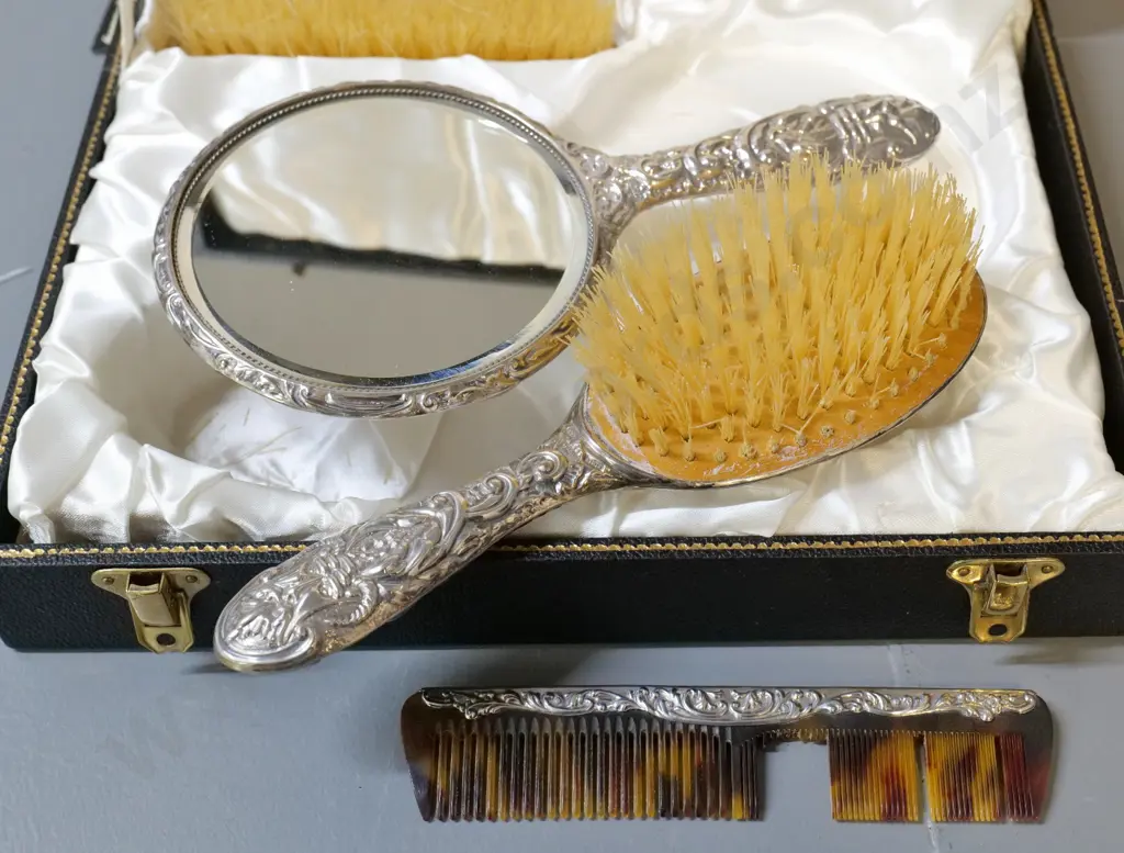 cased English sterling silver dressing table set - damage to comb & brush missing bristles. Mirror is L-230 Image 1++