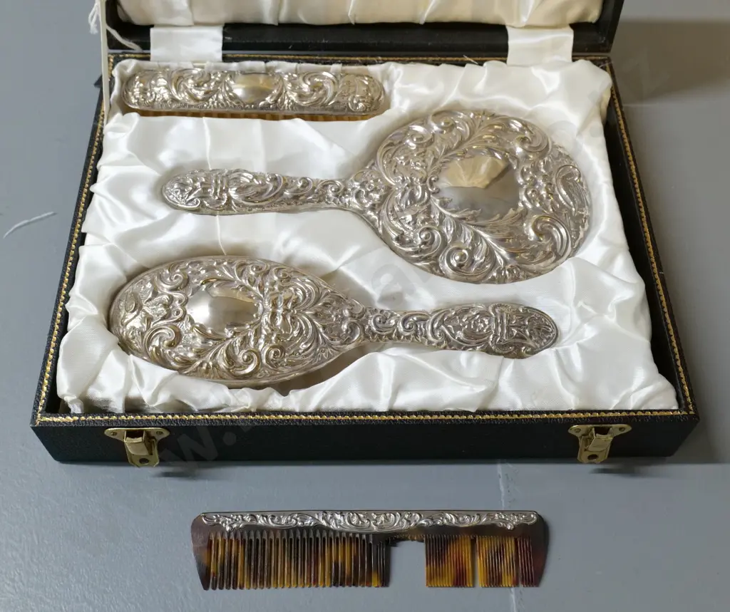cased English sterling silver dressing table set - damage to comb & brush missing bristles. Mirror is L-230 Image 1++