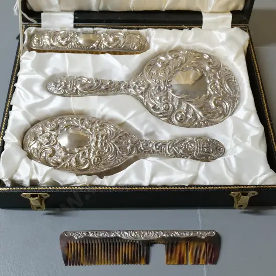 cased English sterling silver dressing table set - damage to comb & brush missing bristles. Mirror is L-230
