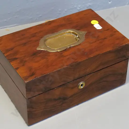 vintage small chest or jewellery box with inset brass handle, no key, missing original tray, satin lined H100 W210 D130