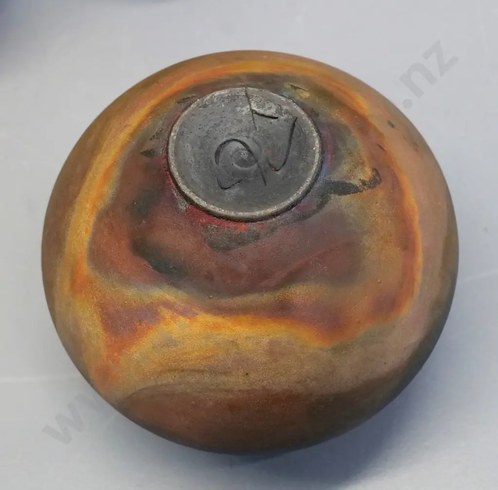 3 pottery vases - 2 German, taller is H-260, and a globe shaped hand-potted raku vase, unknown mark on base Image 1++