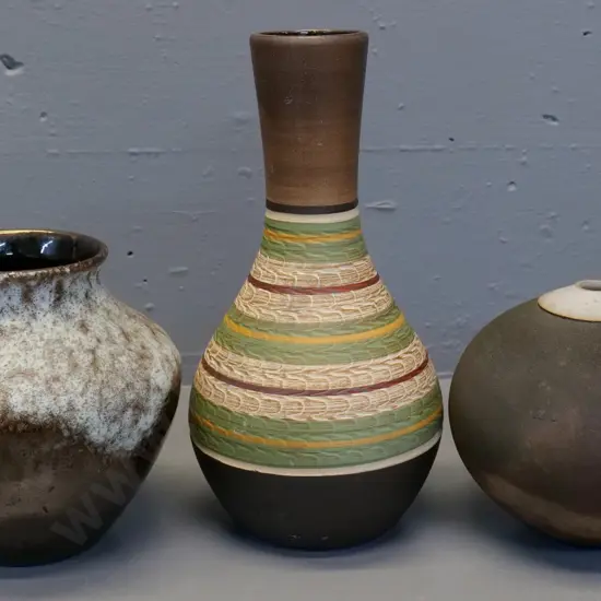 3 pottery vases - 2 German, taller is H-260, and a globe shaped hand-potted raku vase, unknown mark on base