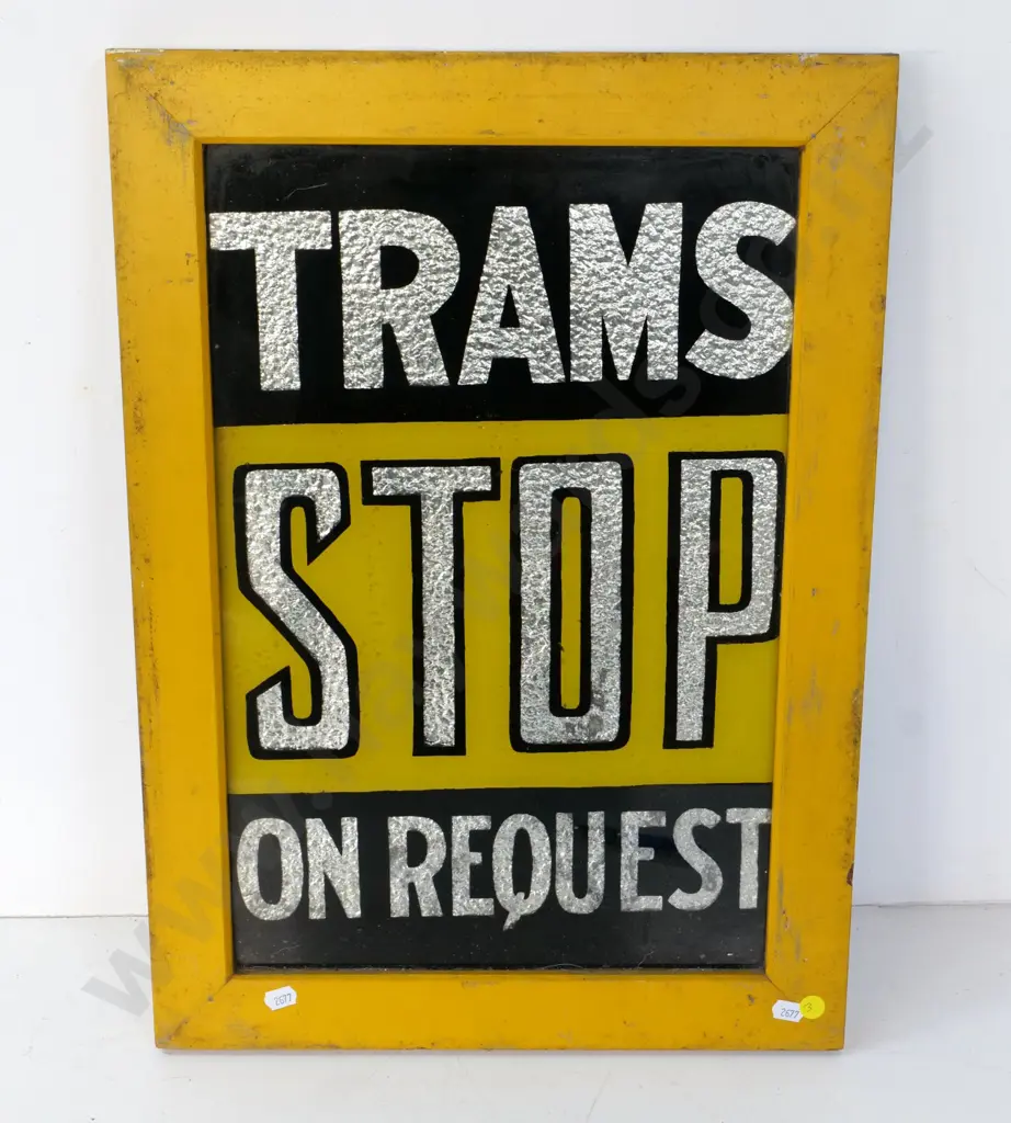 vintage timber framed glass Wellington tram sign with silver foil backing - Trams Stop on Request H535 W380 Image 1++