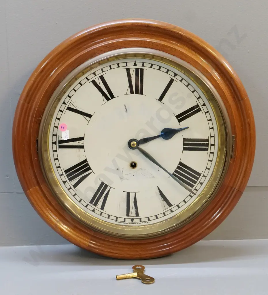 wood-cased Waterbury station clock - some loss of finish on face Diameter 420 D-110 Image 1++