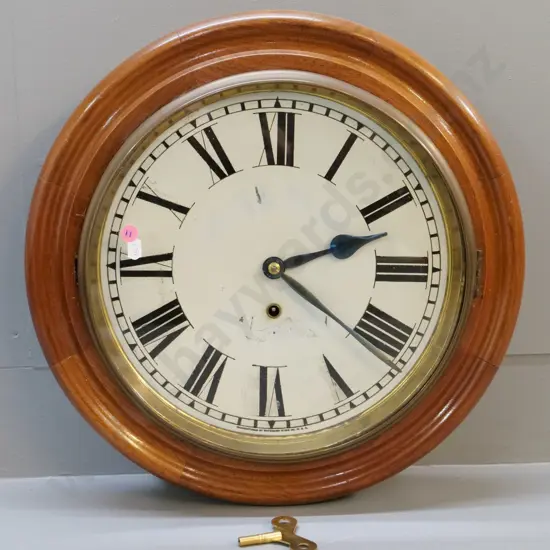 wood-cased Waterbury station clock - some loss of finish on face Diameter 420 D-110