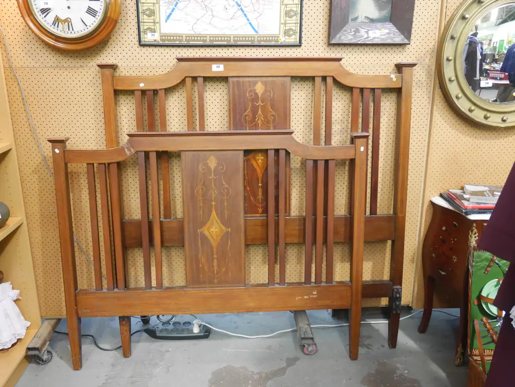 vintage Empire style mahogany double size bed ends with marquetry detail, polish needs work. Head H1440 W1370 Image 1++