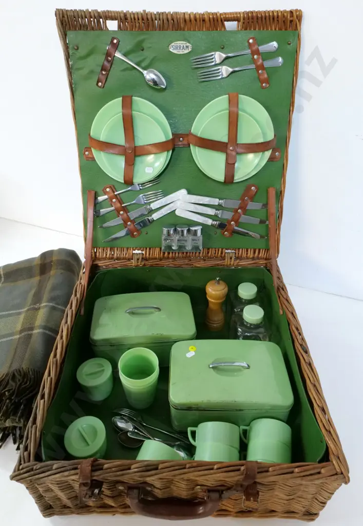 vintage Sirram England willow cane picnic hamper w/tins, cutlery, condiments etc & wool blanket Image 1++