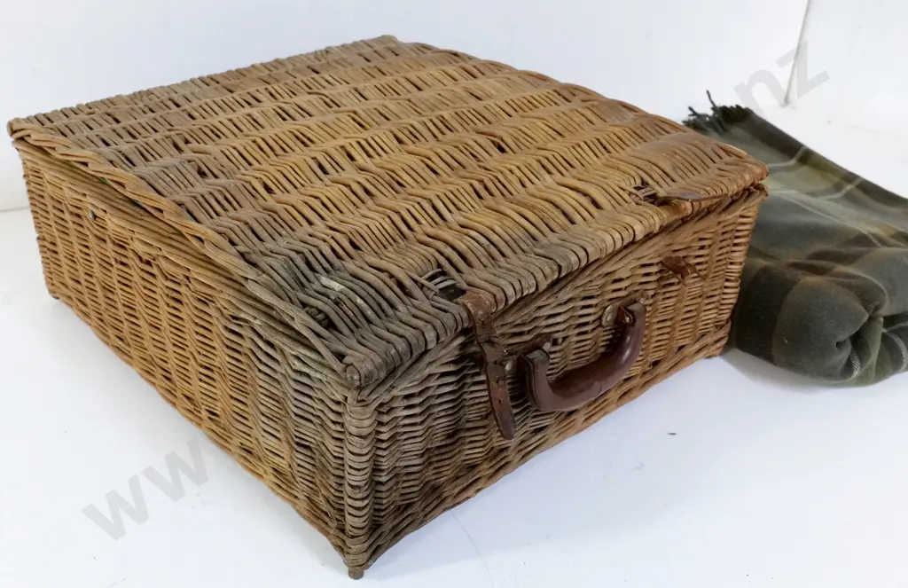 vintage Sirram England willow cane picnic hamper w/tins, cutlery, condiments etc & wool blanket Image 1++