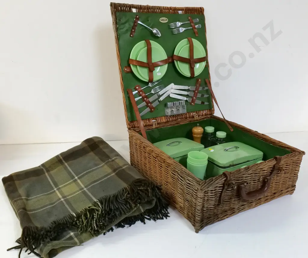 vintage Sirram England willow cane picnic hamper w/tins, cutlery, condiments etc & wool blanket Image 1++