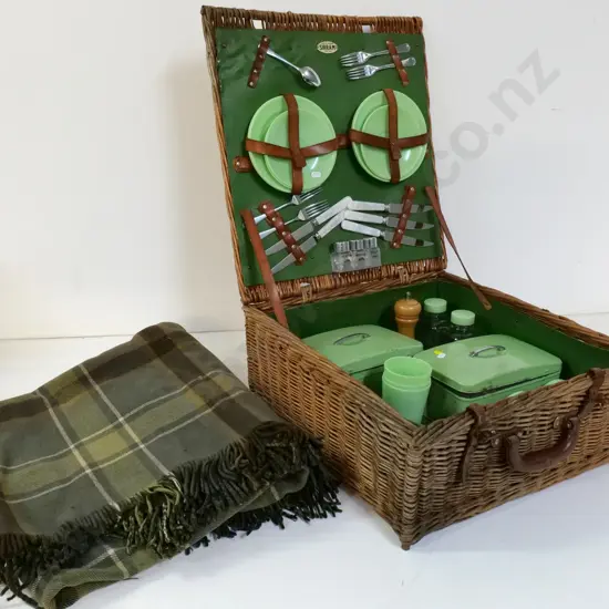 vintage Sirram England willow cane picnic hamper w/tins, cutlery, condiments etc & wool blanket