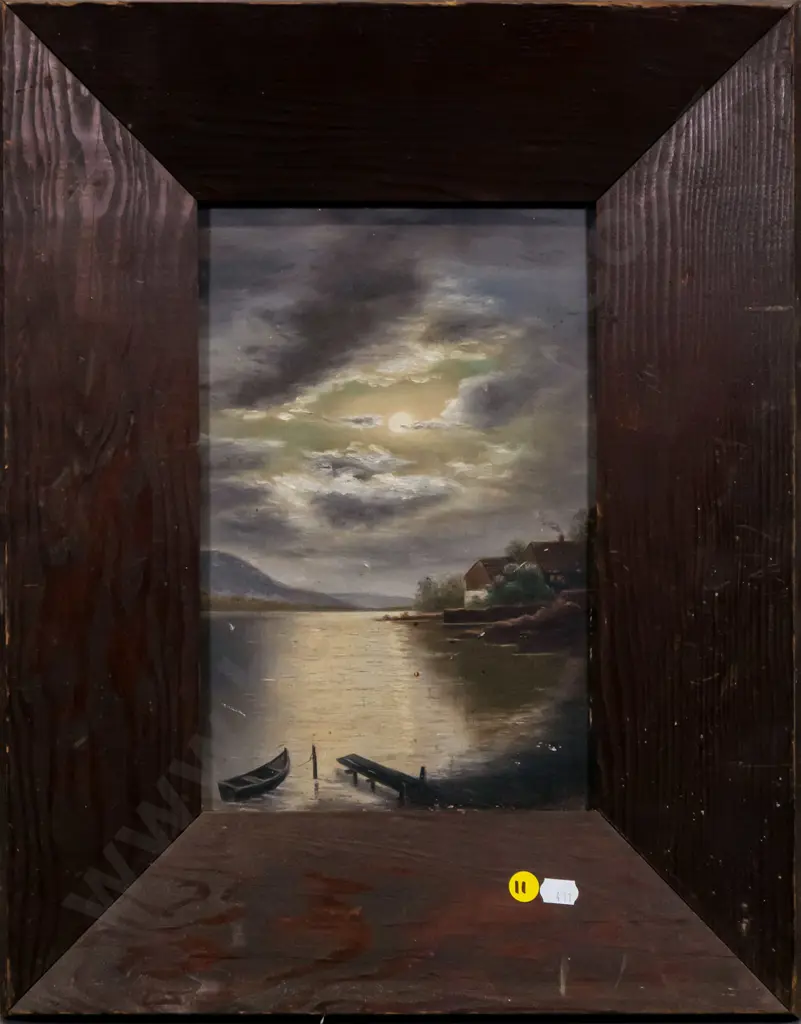 framed oil - moonlight on lake scene (slight scratching) H-290 W-190 Image 1++
