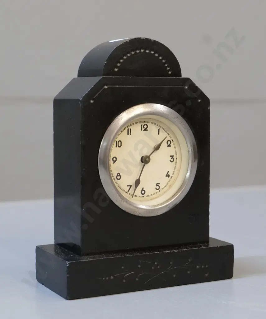 small etched slate mantel clock with silver bezel H-150 - small chips to slate Image 1++