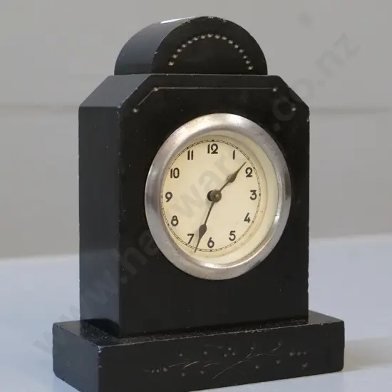 small etched slate mantel clock with silver bezel H-150 - small chips to slate