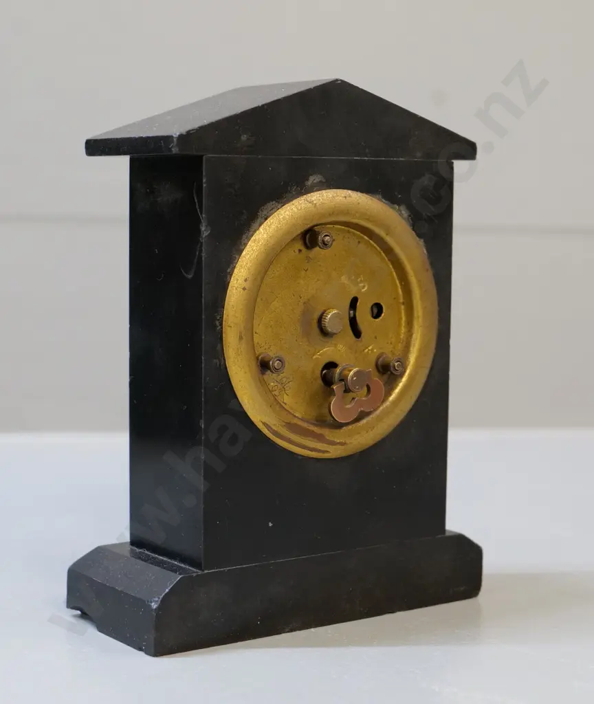 small etched slate mantel clock with gold bezel & enamel face H-150 - small chips to slate Image 1++