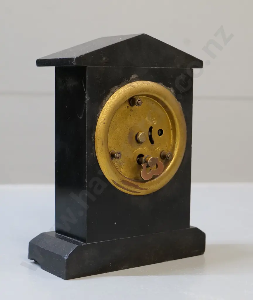 small etched slate mantel clock with gold bezel & enamel face H-150 - small chips to slate Image 1++