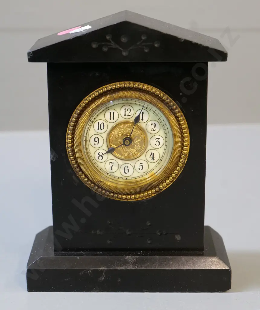 small etched slate mantel clock with gold bezel & enamel face H-150 - small chips to slate Image 1++