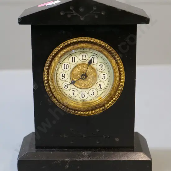 small etched slate mantel clock with gold bezel & enamel face H-150 - small chips to slate
