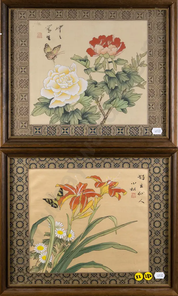 2x framed ink and watercolour on silk - butterflies and flowers Each H-220 W-270 Image 1++