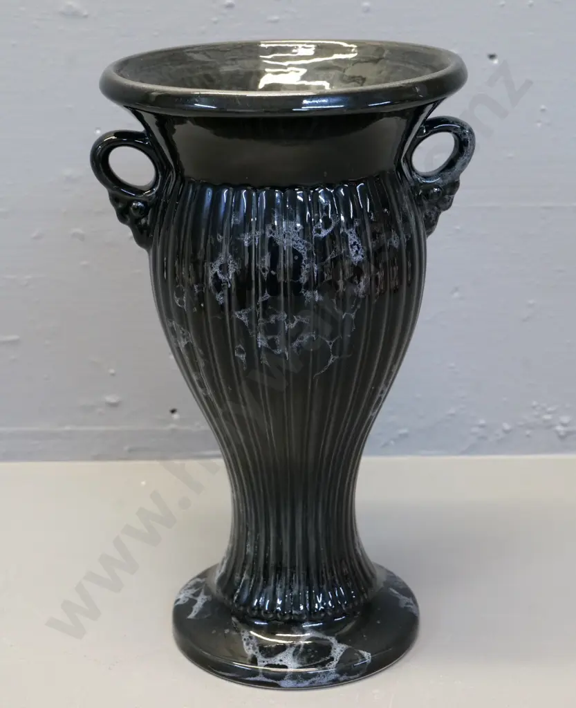 Crown Lynn - marked 'Made in New Zealand' black mottled glaze handled vase H-280 W-170 Image 1++