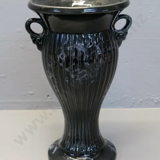 Crown Lynn - marked 'Made in New Zealand' black mottled glaze handled vase H-280 W-170