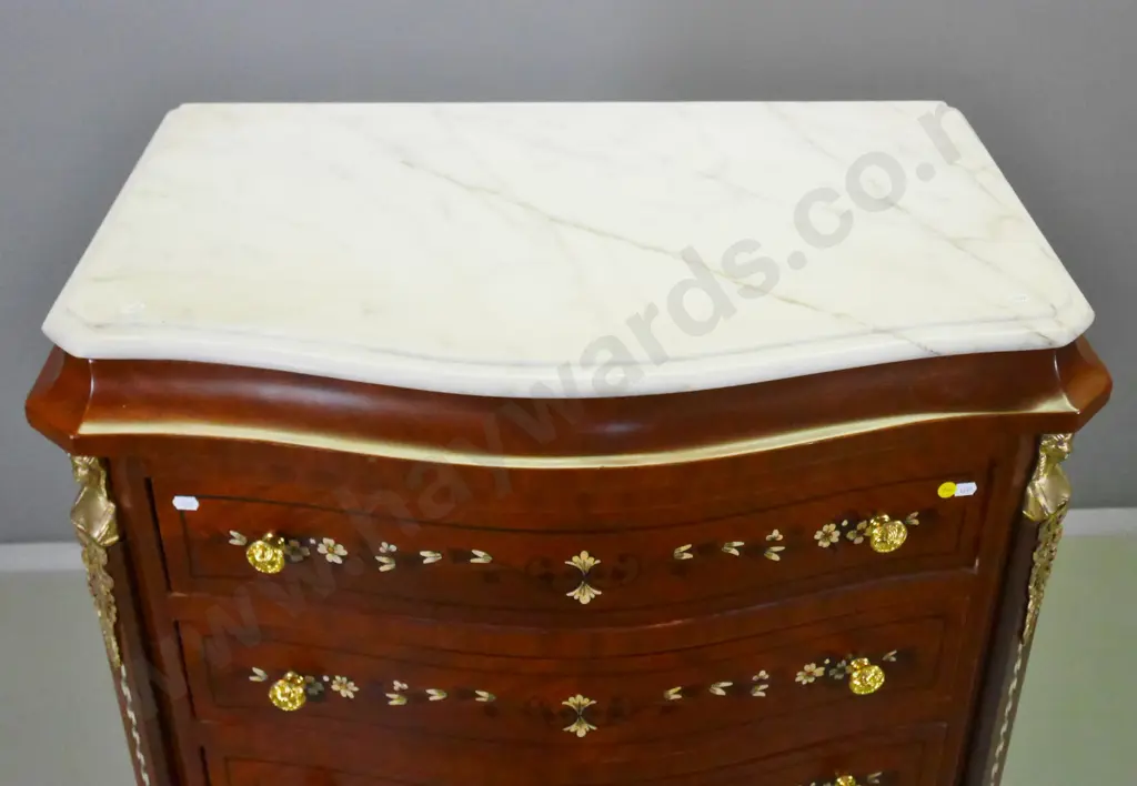 vintage mahogany 7-drawer bow-front chest w/marble top, floral marquetry & ormolu ornamentation H1190 W750 D490 Image 1++