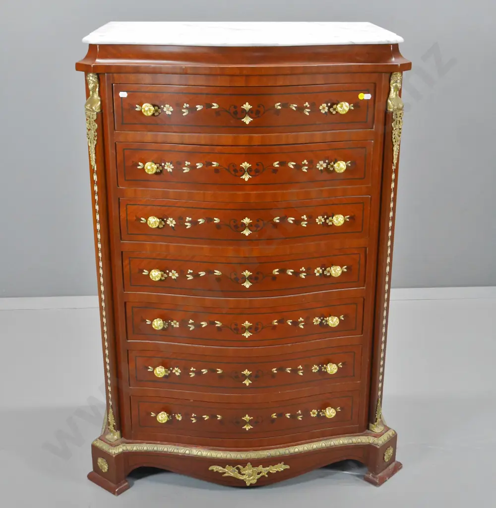 vintage mahogany 7-drawer bow-front chest w/marble top, floral marquetry & ormolu ornamentation H1190 W750 D490 Image 1++