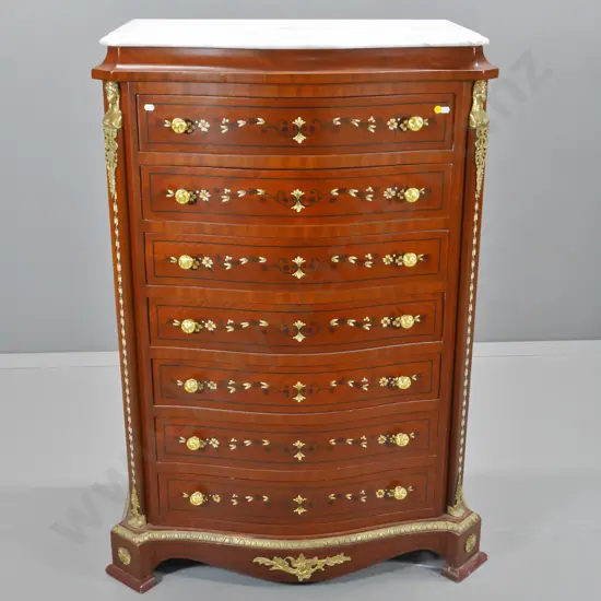 vintage mahogany 7-drawer bow-front chest w/marble top, floral marquetry & ormolu ornamentation H1190 W750 D490