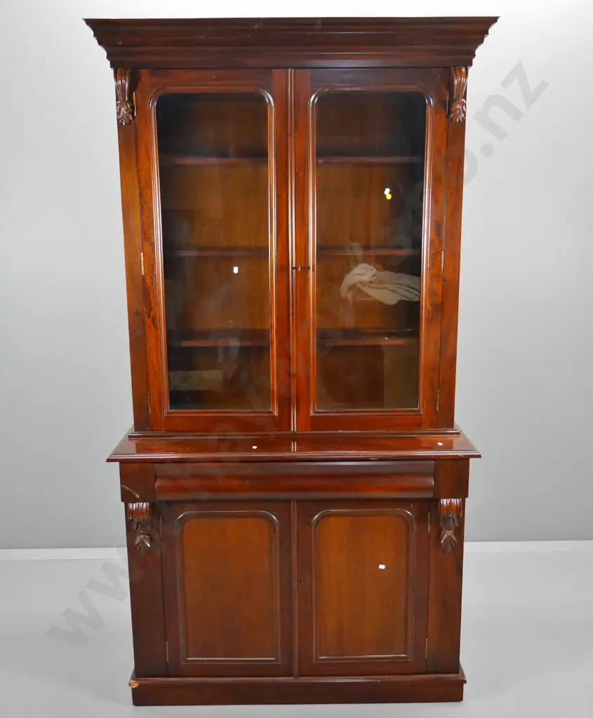 vintage mahogany bookcase chiffonier w/drawer, 2 glazed & 2 solid doors, with key - chip to top edge H2020 W1070 D420 Image 1++