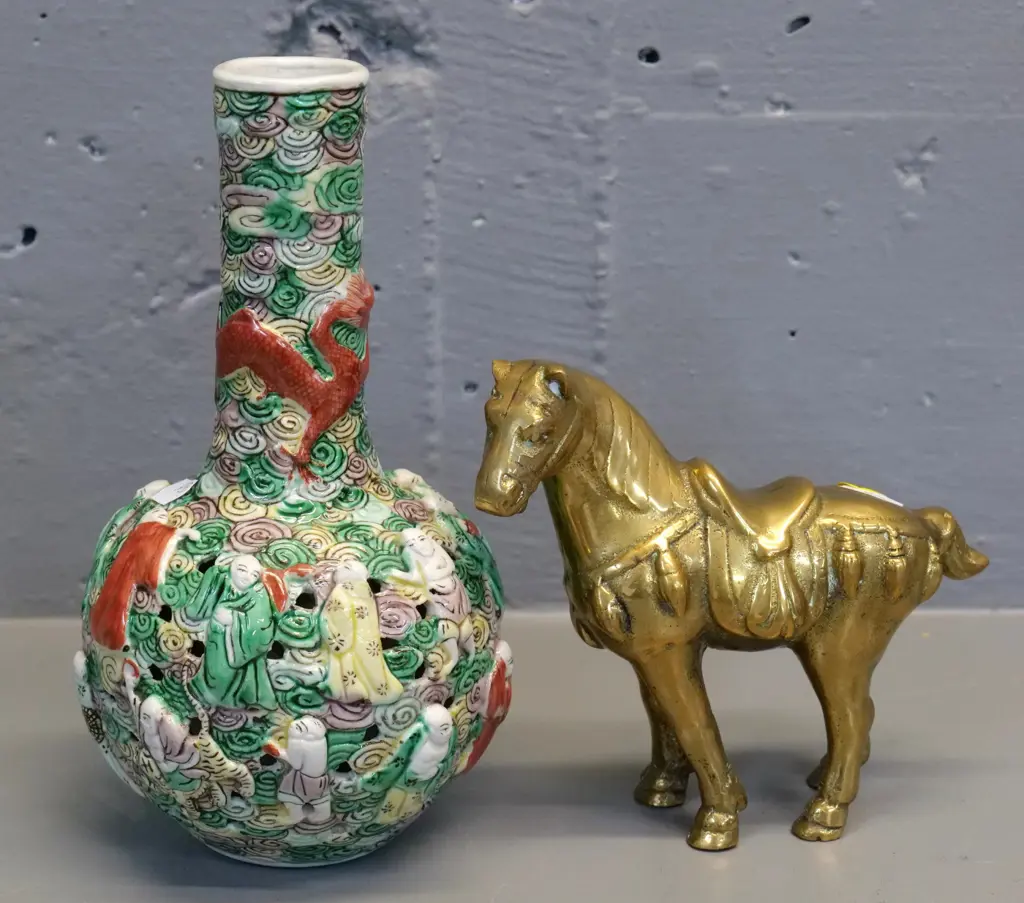 Chinese raised figure vase H-220 and a solid brass horse figure Image 1++