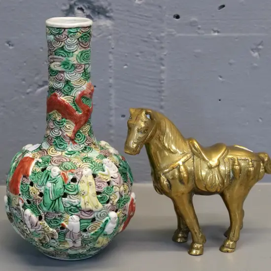 Chinese raised figure vase H-220 and a solid brass horse figure