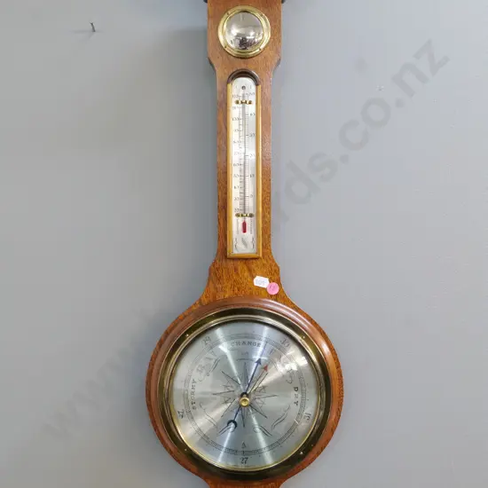 oak-cased English wall barometer-thermometer-hygrometer H-730 W-220