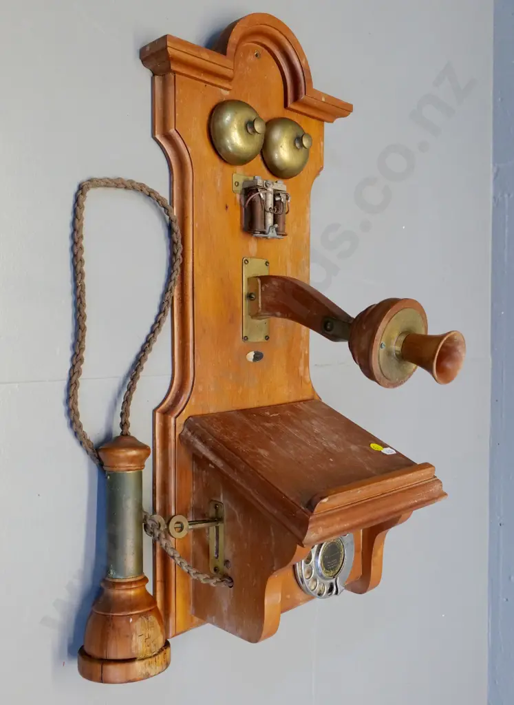 vintage walll-mount telephone modified with dial mechanism - some damage to wood, pitting to brass etc. H-600 W-270 Image 1++