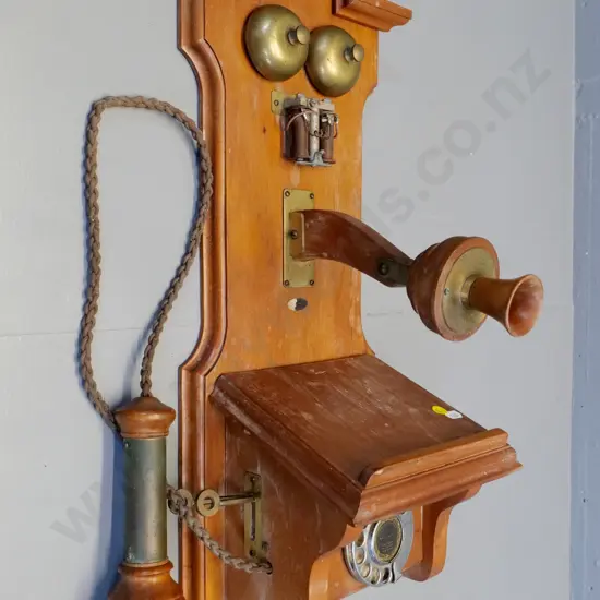 vintage walll-mount telephone modified with dial mechanism - some damage to wood, pitting to brass etc. H-600 W-270