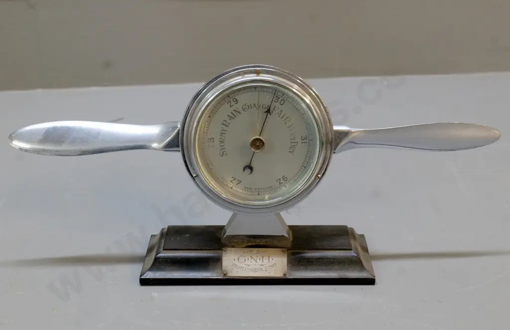 barometer made in England with aeroplane propeller theme and gift plaque for "GNH from Dunedin Staff" H-150 W-340 Image 1++