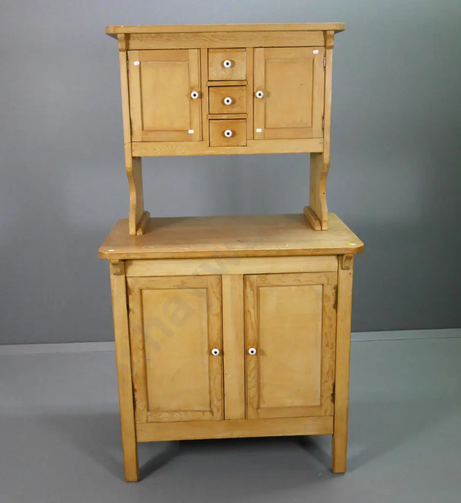 vintage solid pine kitchen cabinet with porcelain knobs, 2 upper & 2 lower cupboards, some splitting H1550 W860 D560 Image 1++