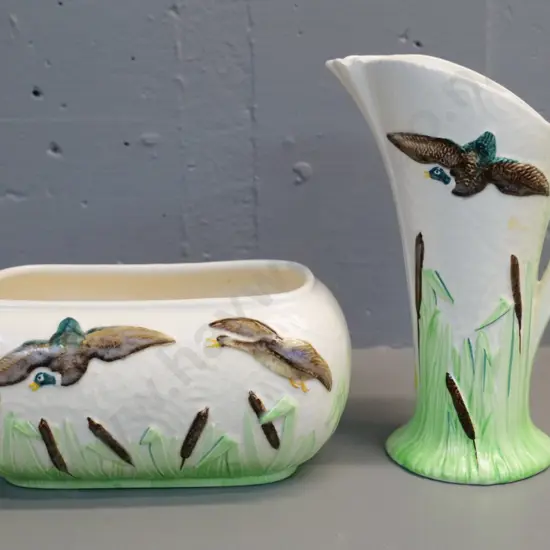 2 Sylvac wild duck pattern items - Jug H-220 No. 1854 and trough vase - number unclear