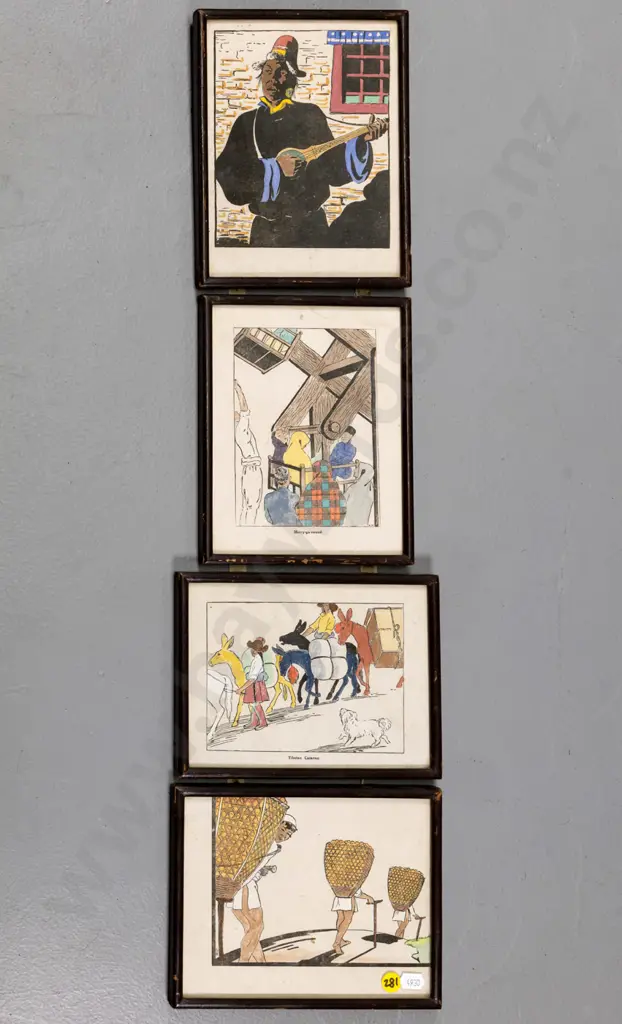 4x hand coloured  connected prints - various scenes Over all H-720 W-190 Image 1++