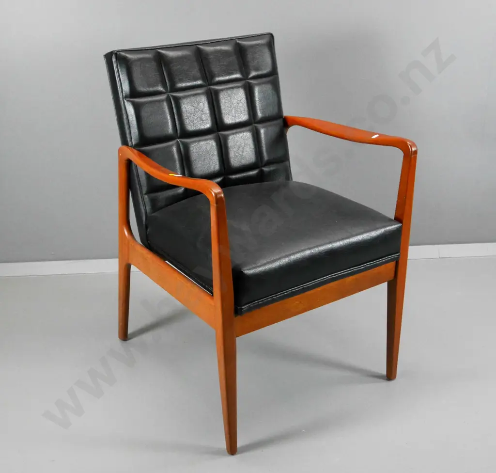 mid-century mahogany occasional chair with black (leather?) upholstery, slight rubbing H830 W580 D600 Image 1++