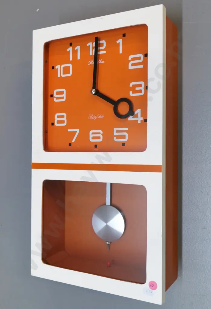 Rhythm retro white & orange timber cased battery power striking wall clock H-450 W-245 D95 Image 1++