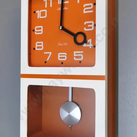 Rhythm retro white & orange timber cased battery power striking wall clock H-450 W-245 D95