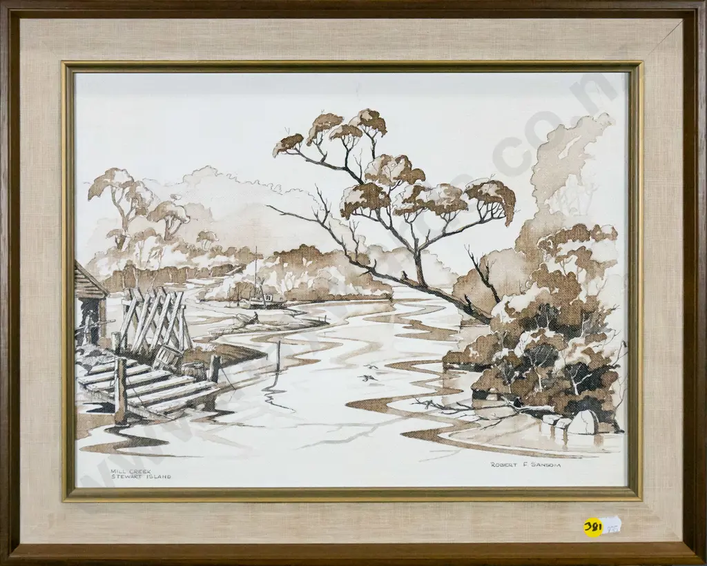 Robert F Sansom - framed watercolour "Mill Creek, Stewart Island" H-290 W-390 Image 1++