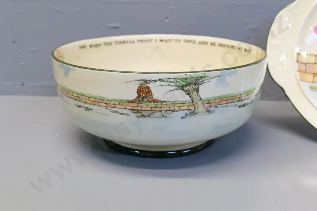 2 pieces Royal Doulton Gallant Fishers pattern - handled plate and large fruit bowl - some crazing, Bowl H115 D255 Image 1++