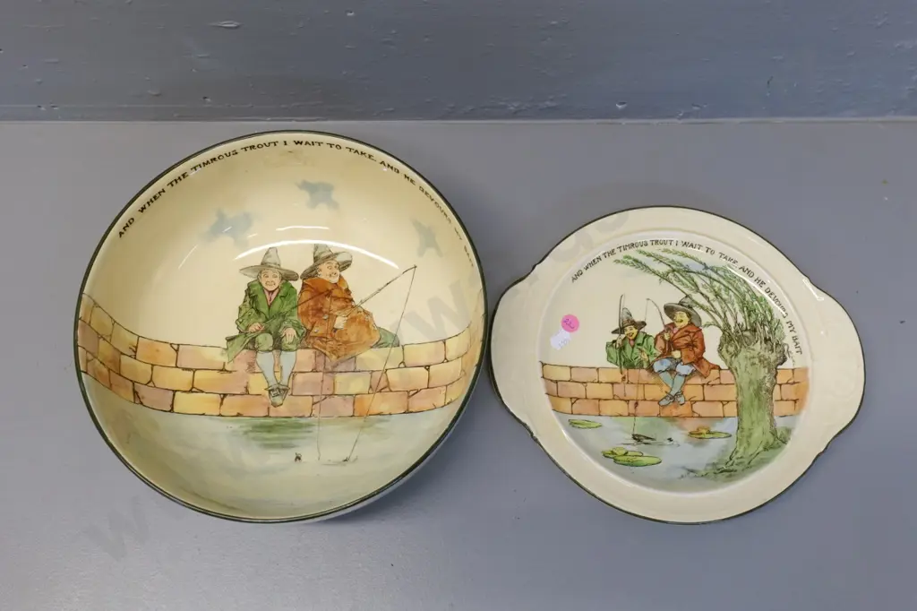 2 pieces Royal Doulton Gallant Fishers pattern - handled plate and large fruit bowl - some crazing, Bowl H115 D255 Image 1++