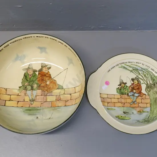2 pieces Royal Doulton Gallant Fishers pattern - handled plate and large fruit bowl - some crazing, Bowl H115 D255