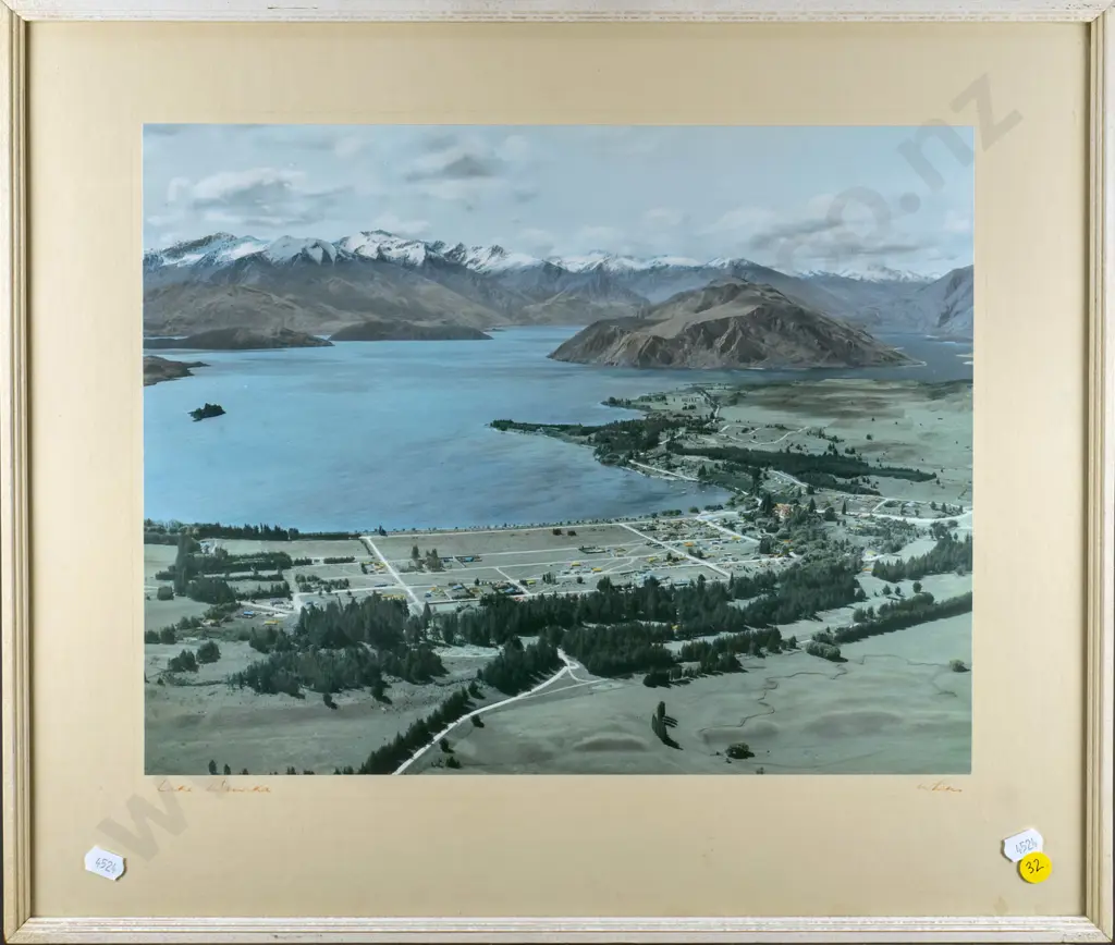framed White's Aviation hand-coloured photograph - Lake Wanaka - small stain on mat. H290 W370 Image 1++