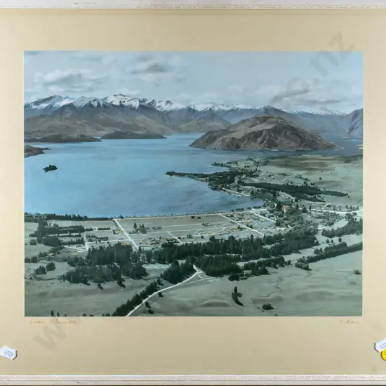 framed White's Aviation hand-coloured photograph - Lake Wanaka - small stain on mat. H290 W370