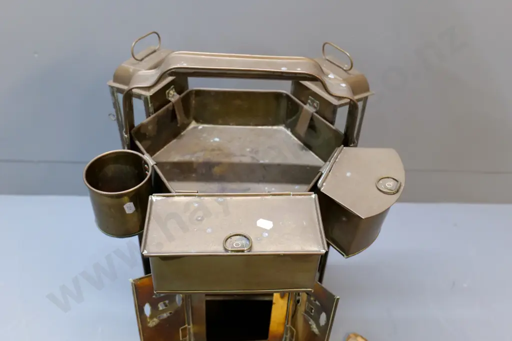 brass and glass multi-part asian portable street vendor food carrier / warmer & spare glass H-560 W-300 D-300 Image 1++