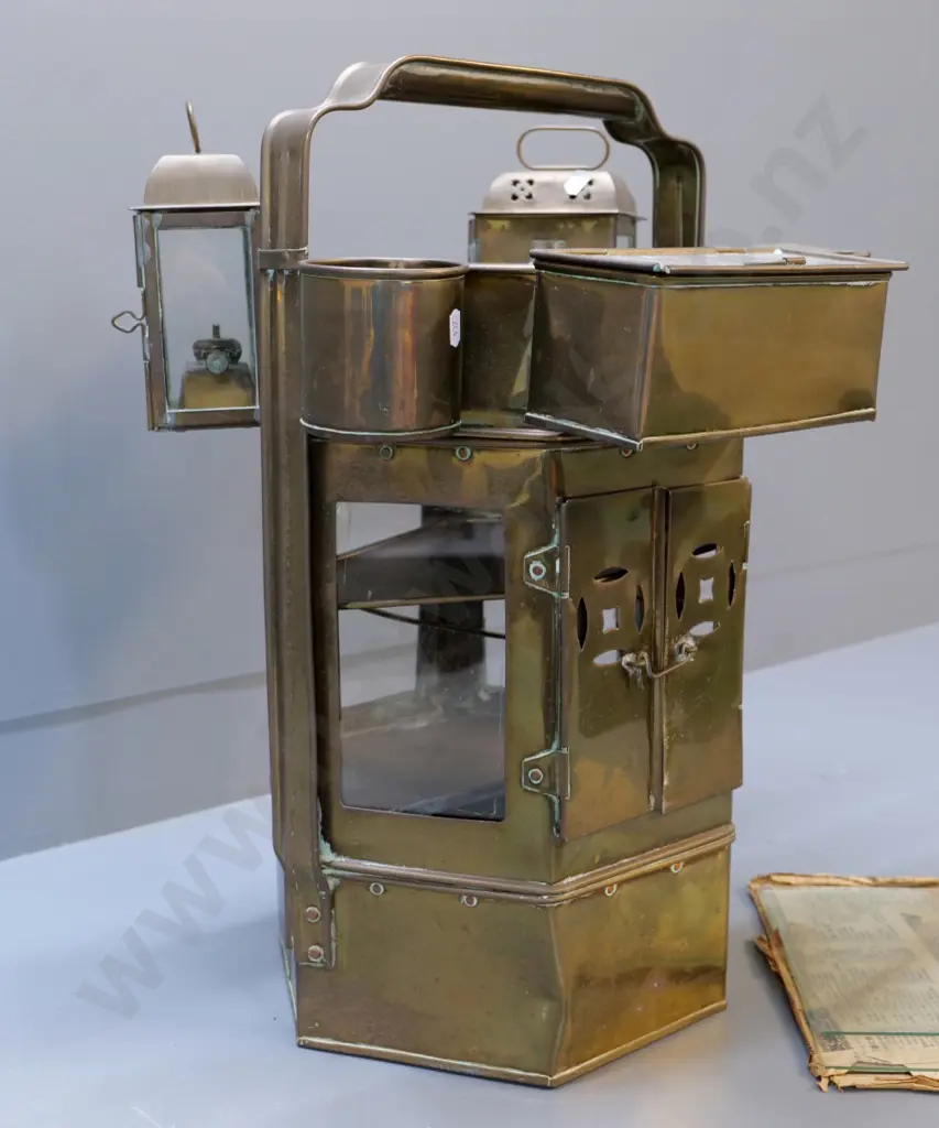 brass and glass multi-part asian portable street vendor food carrier / warmer & spare glass H-560 W-300 D-300 Image 1++