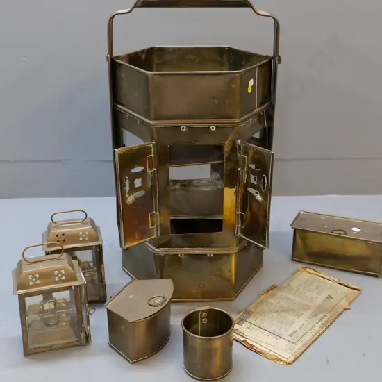 brass and glass multi-part asian portable street vendor food carrier / warmer & spare glass H-560 W-300 D-300