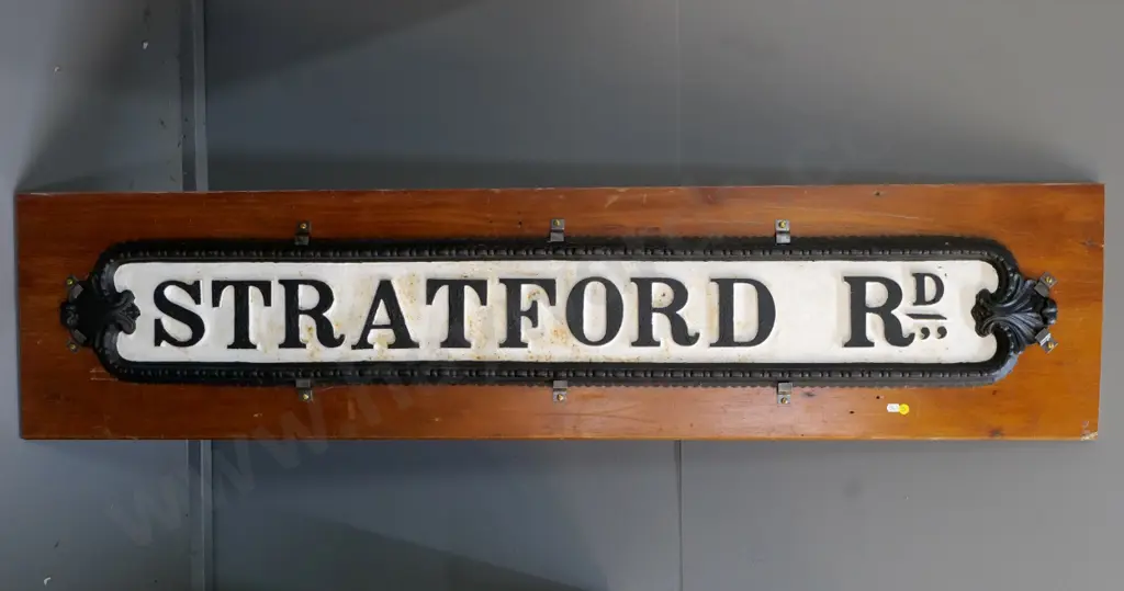 large and very heavy cast iron Stratford Road street sign on backing board - some surface corrosion. Board H350 W1500 Image 1++
